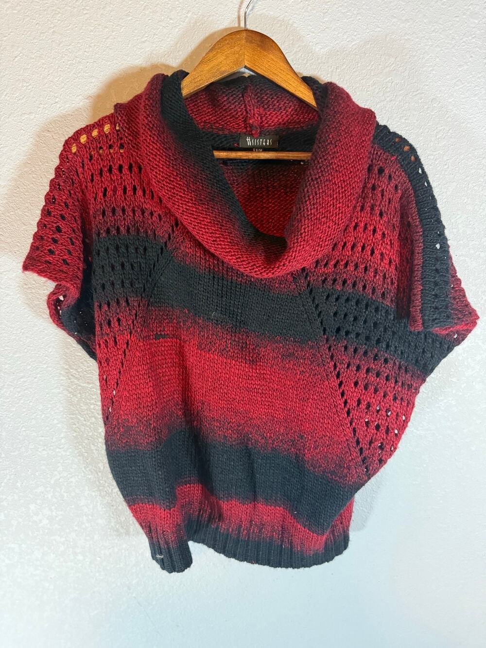 Sisters Women’s S/M Red Black Striped Cowl Neck Poncho Sweater